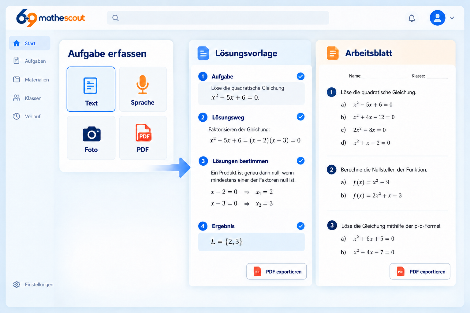 Dozentenzugang: Aufgabe per Text, Sprache, Foto oder PDF erfassen und daraus Lösungsvorlage und Arbeitsblatt erstellen